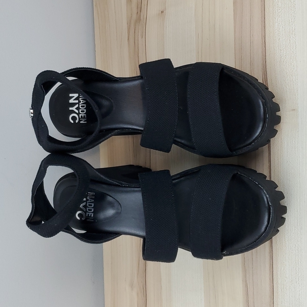 Madden NYC, Chunky Platforms, Black, Fabric, Stretchy Ankle Strap Women's Size 7 - Picture 2 of 8